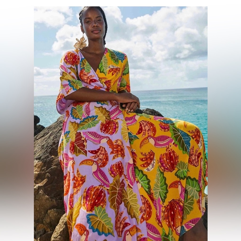 Farm Rio Mixed Beaks and Bananas Maxi Wrap Dress